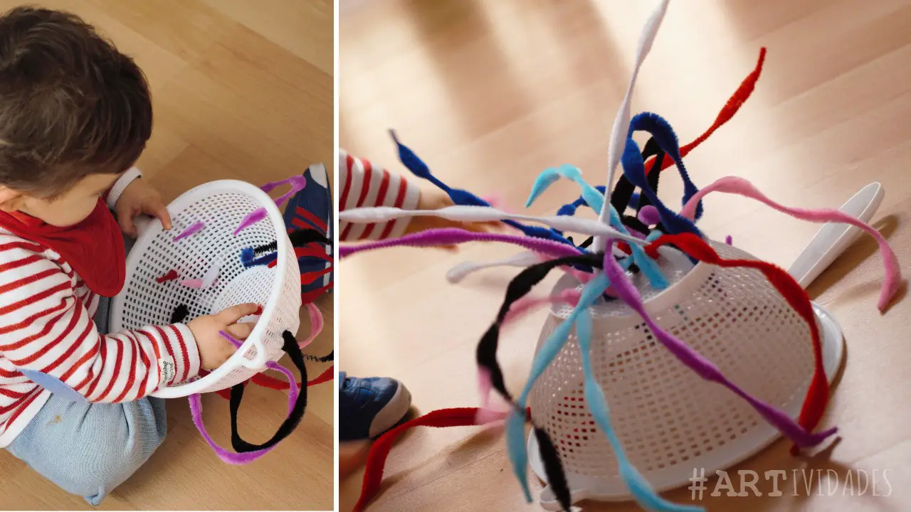 Actividad preescolar limpiapipas en colador