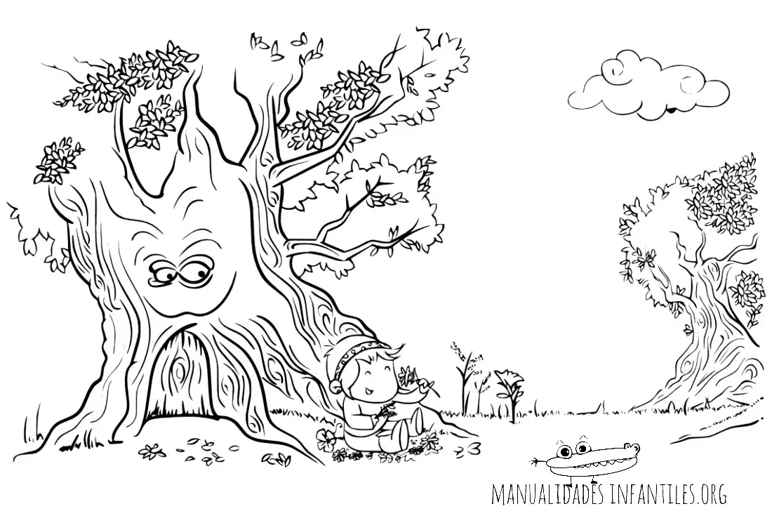 Dibujo de niño junto a un arbol feliz