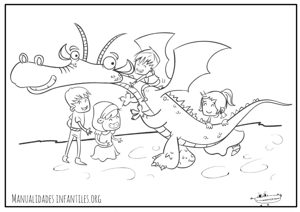 Dibujo del dragon jugando con los niños