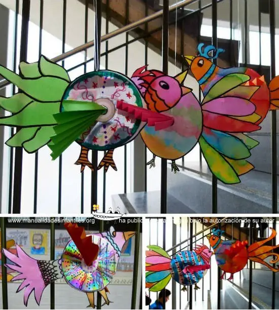 pájaros con CDs reciclados