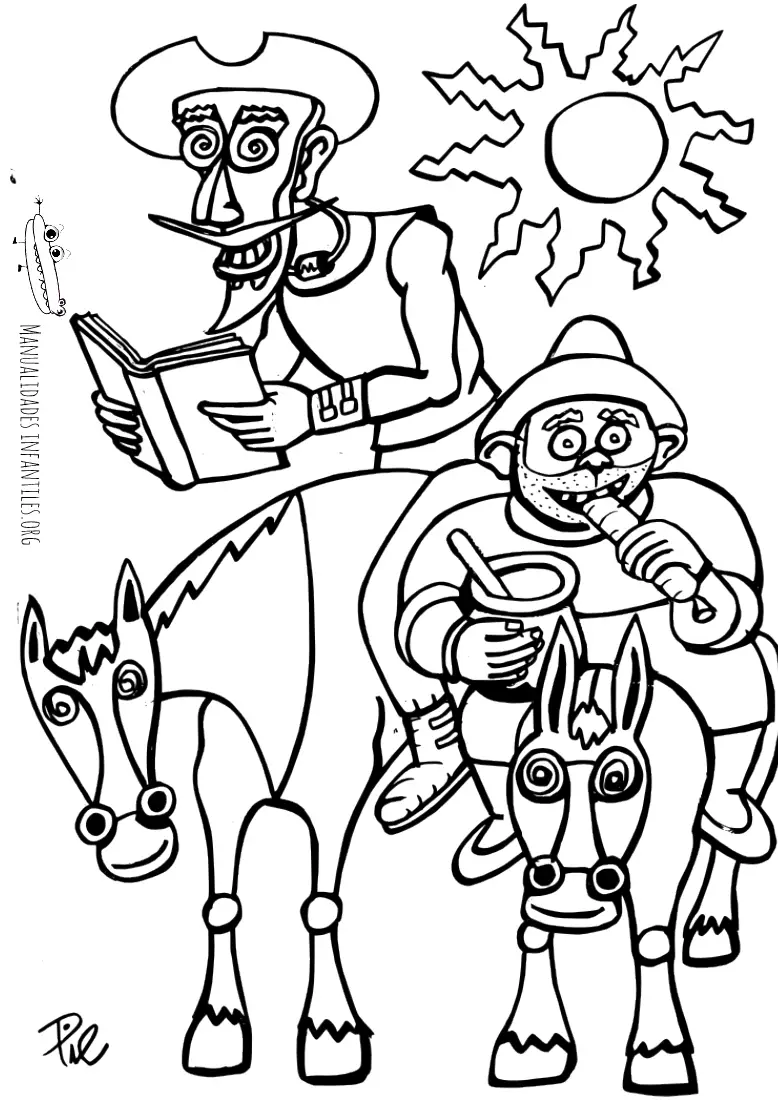Quijote y Sancho en el camino para colorear